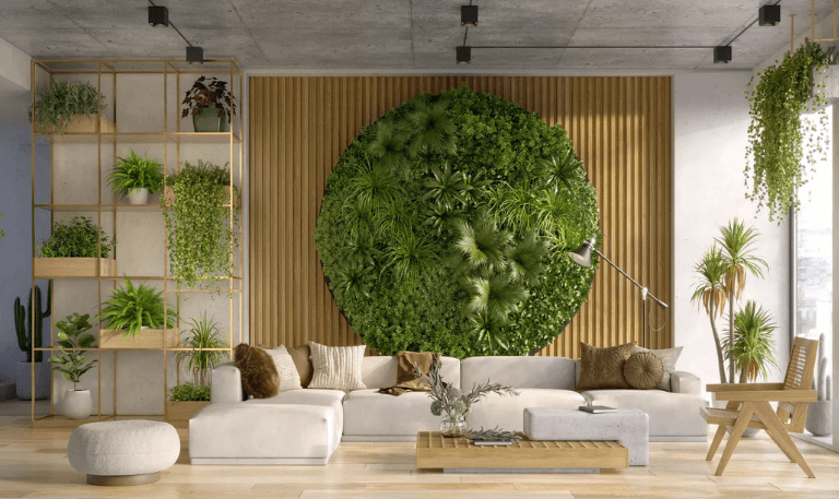 Living Room with Biophilic Design with Indoor Plants