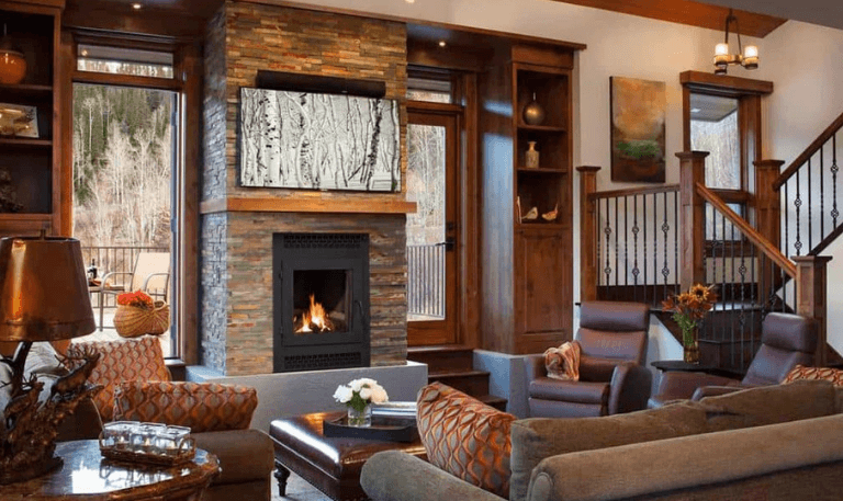 living room with Stone Fireplaces